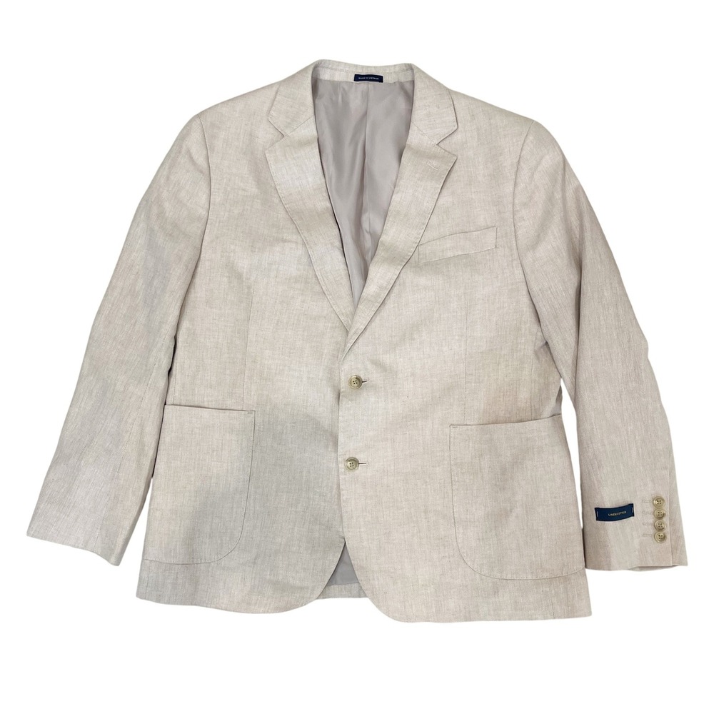 Stafford Mens 46S Classic Fit Linen Cotton Herringbone Blazer Beige Tan